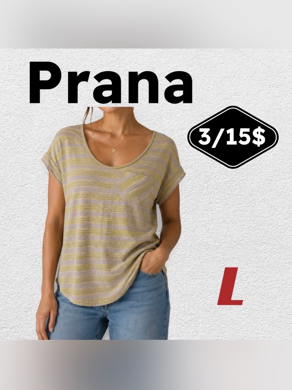 🔶3/15$🇺🇸✌️PRANA |L | oversized White/Yellow stripes pocket Tee ❗️read